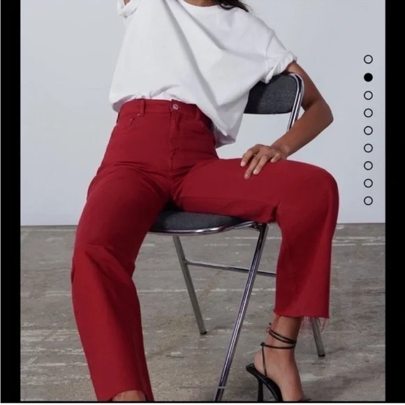 Zara The 90's Full Length Jeans Red Size 4 buttons fly raw ham - Picture 3 of 16